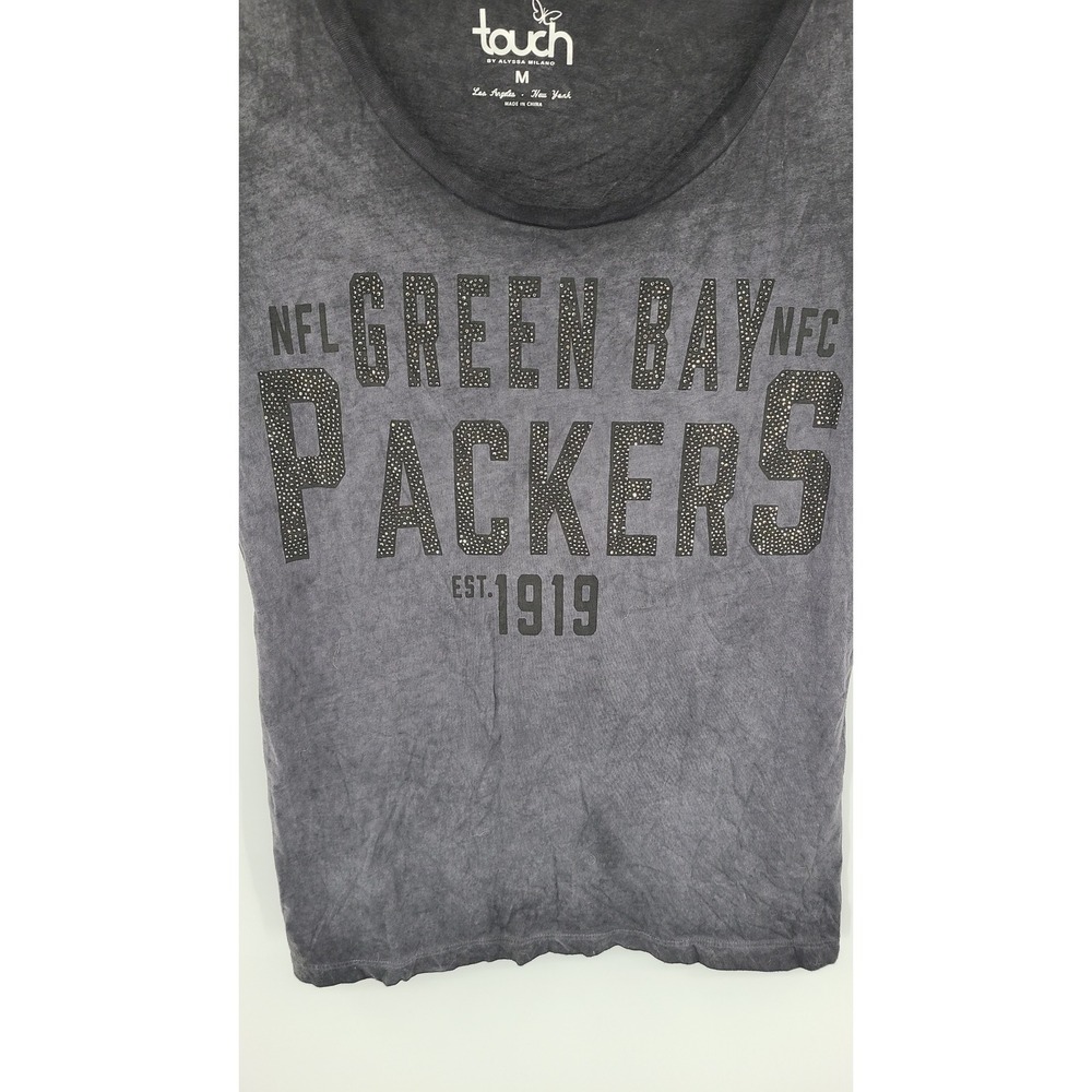 Green Bay Packers‎ NFL Rhinestone Tee Shirt Womens Medium Gray Acid Wash Bling - Picture 2 of 8